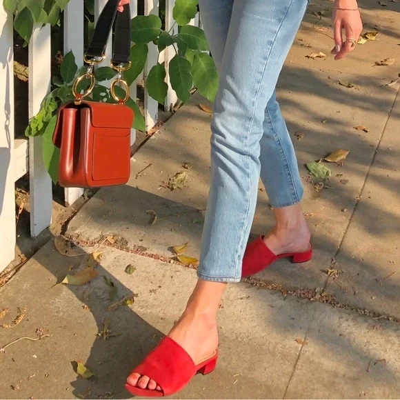 Schutz Red Suede Slide Sandals - Picture 1 of 8